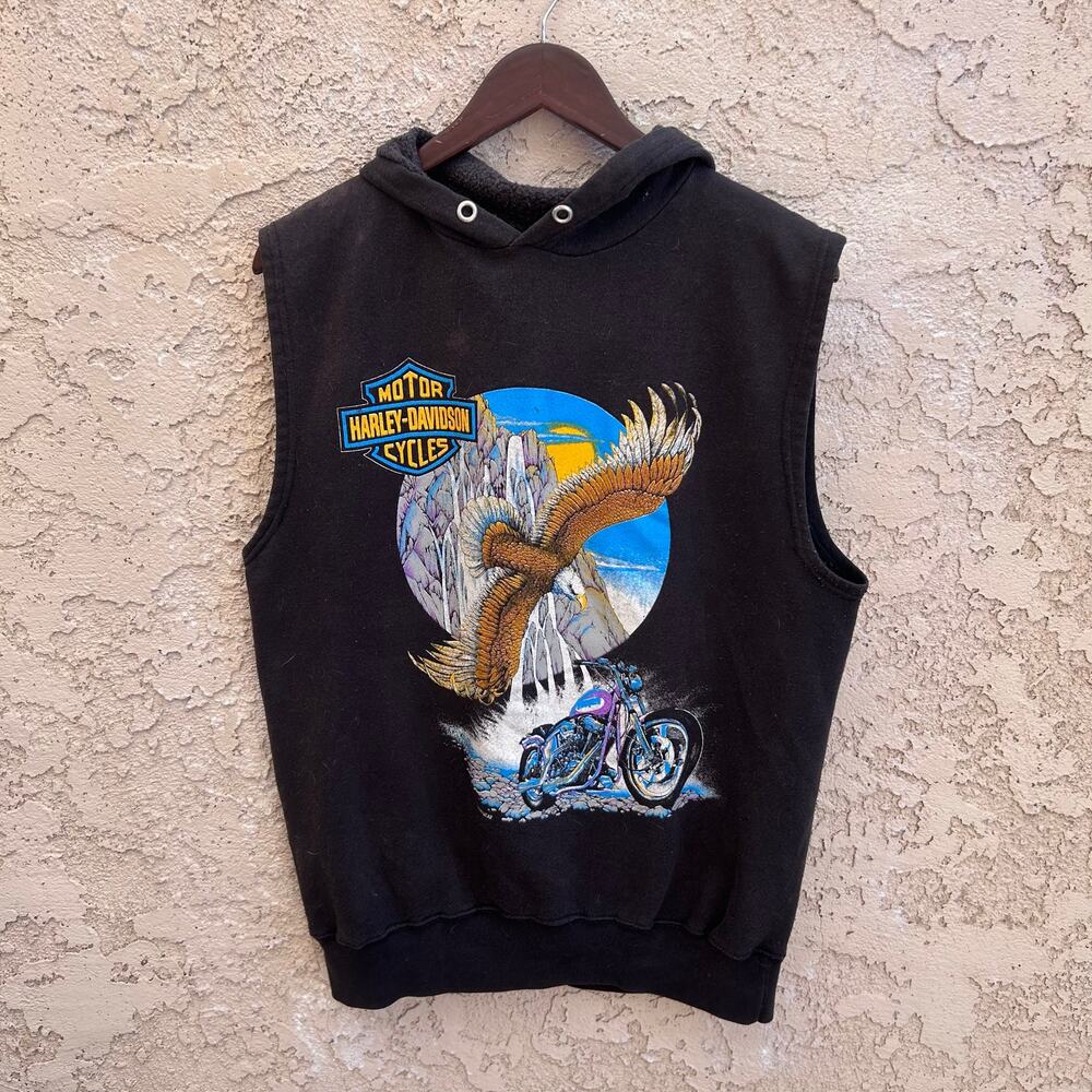 Vintage Harley Davidson Sleeveless Hoodie Eagle Motorcycle Graphic Unisex Large